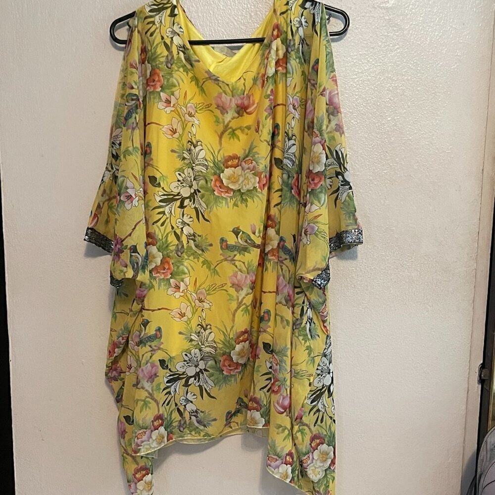 OKCU Yellow Floral Bird Chiffon Kimono Tunic Top Sequin Boho Womens XL
